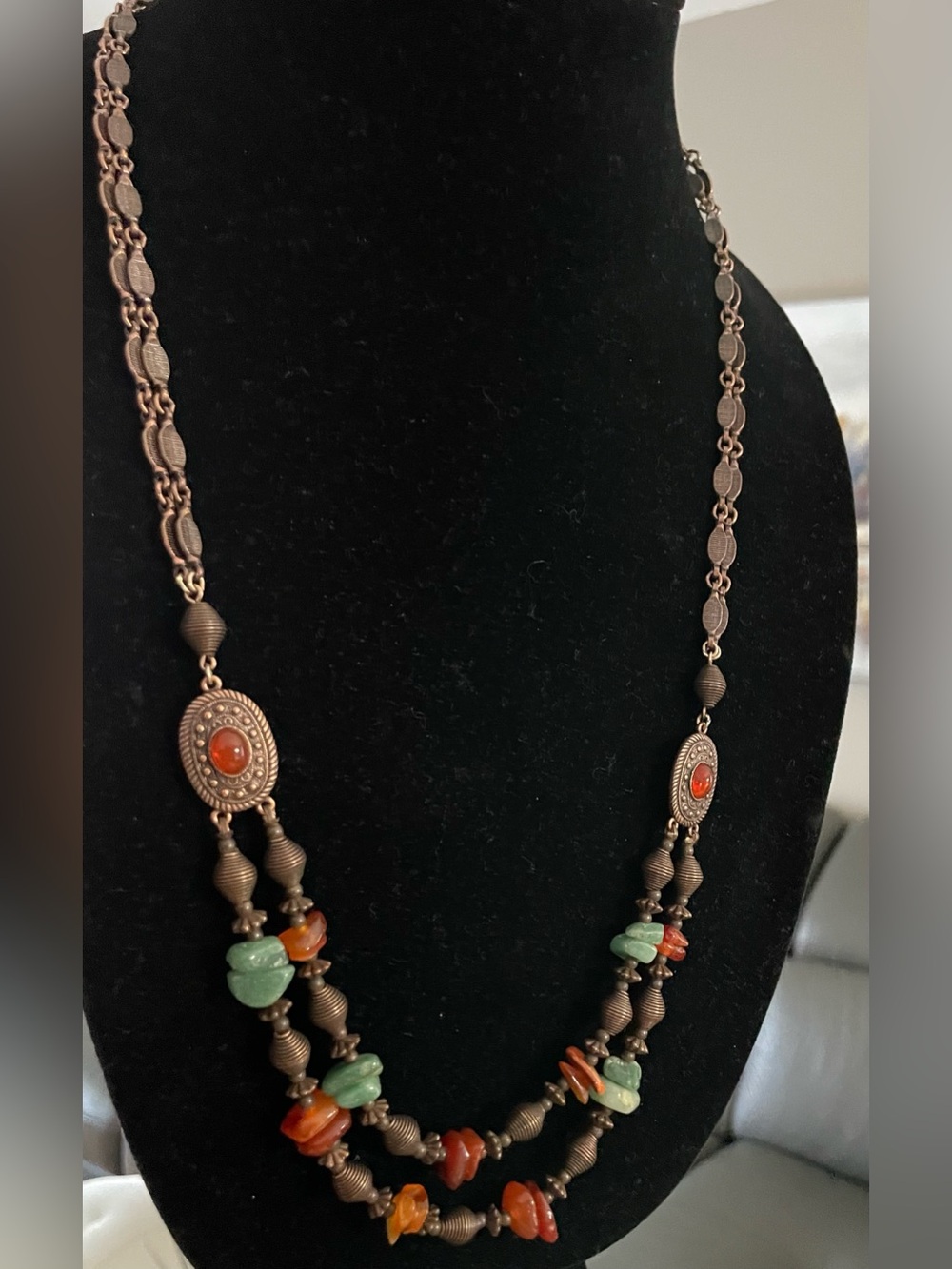 1928 Green and Orange Bead Multi-Strand Necklace